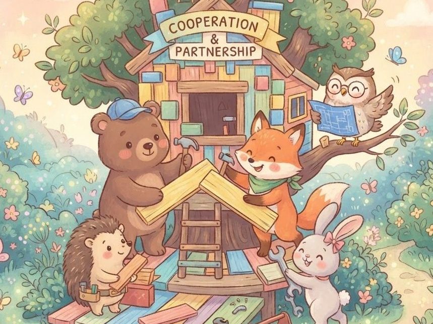 a cute, whimsical illustration representing cooperation and partnership. featuring adorable animal characters or soft, rounded human figures working together joyfully to build something or hold hands. pastel colors, friendly atmosphere, and a clean, square composition.