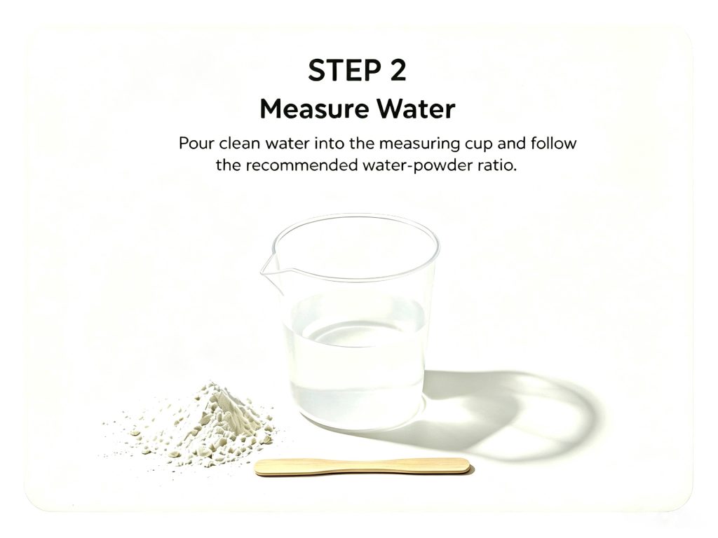 Step 2 Measure Water: Measure clean water with plastic measuring cup before mixing plaster powder