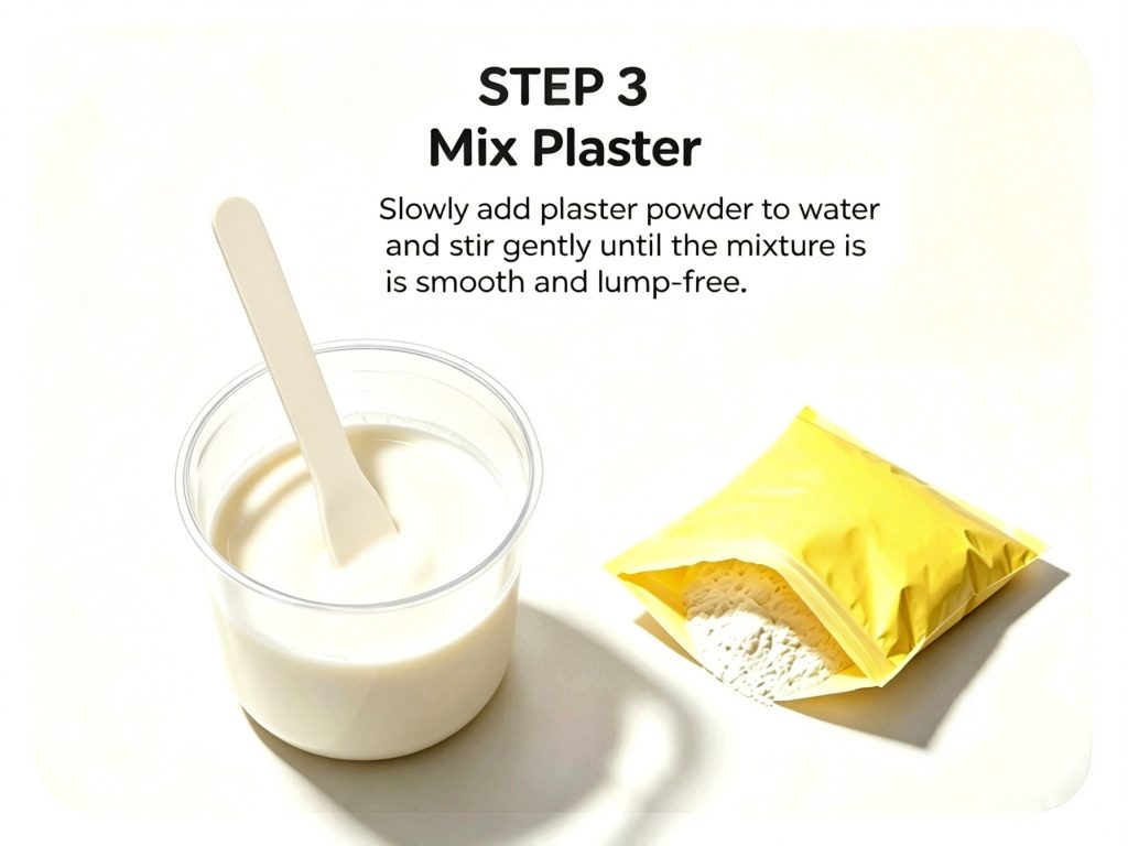 Step 3 Mix Plaster Powder: Stir plaster powder and water to make smooth lump‑free plaster liquid