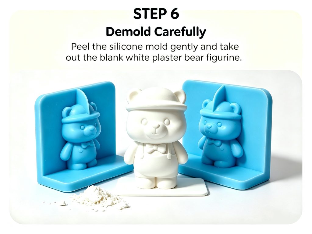 Step 6 Demold blank white plaster bear figurine from flexible silicone mold